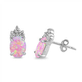 Sterling Silver Oval Shape With Pink Lab Opal Earrings With CZ StonesAnd Earring Height 12mm