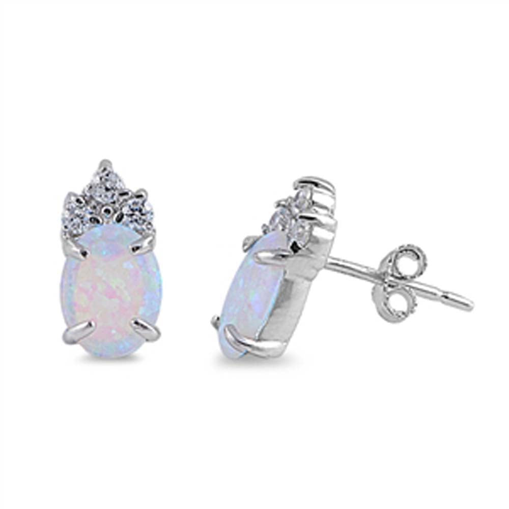 Sterling Silver Oval Shape With White Lab Opal Earrings With CZ StonesAnd Earring Height 12mm