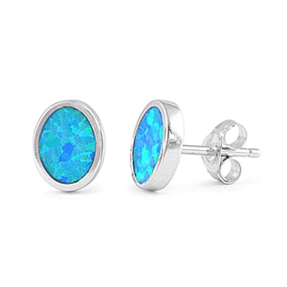 Sterling Silver Oval Shape With Blue Lab Opal EarringsAnd Earring Height 10mm