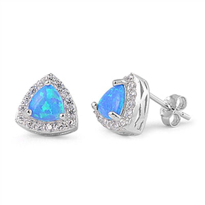 Sterling Silver Trillion Shape With Blue Lab Opal Earrings With CZ StonesAnd Earring Height 9mm