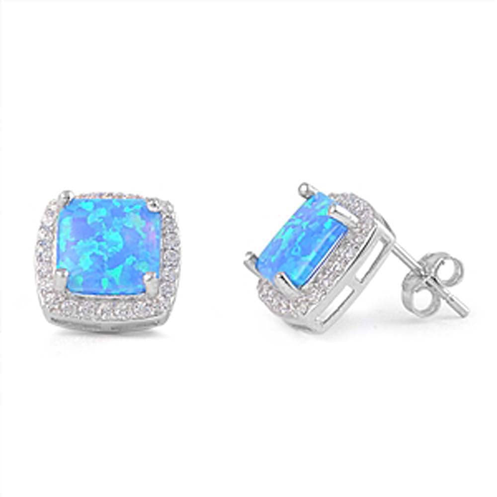 Sterling Silver Square Shape With Blue Lab Opal Earrings With CZ StonesAnd Earring Height 11mm