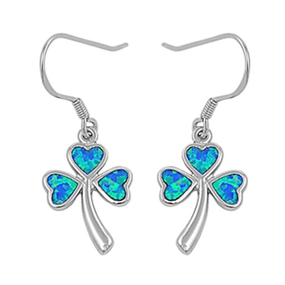 Sterling Silver Stylish Clover Leaf with Blue Lab Opal Earwire StyleAnd Earring Height of 20MM