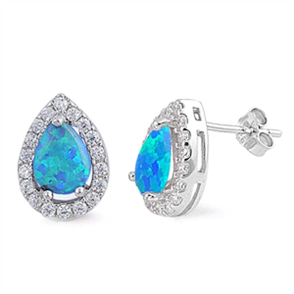 Sterling Silver Blue Lab Opal Pear Shaped CZ EarringsAnd Face Height 13 mm