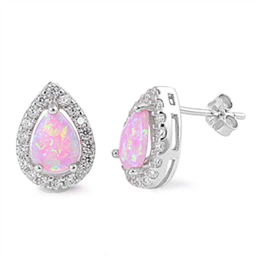 Sterling Silver Pear Shape With Pink Lab Opal Earrings With CZ StonesAnd Face Height 13mm