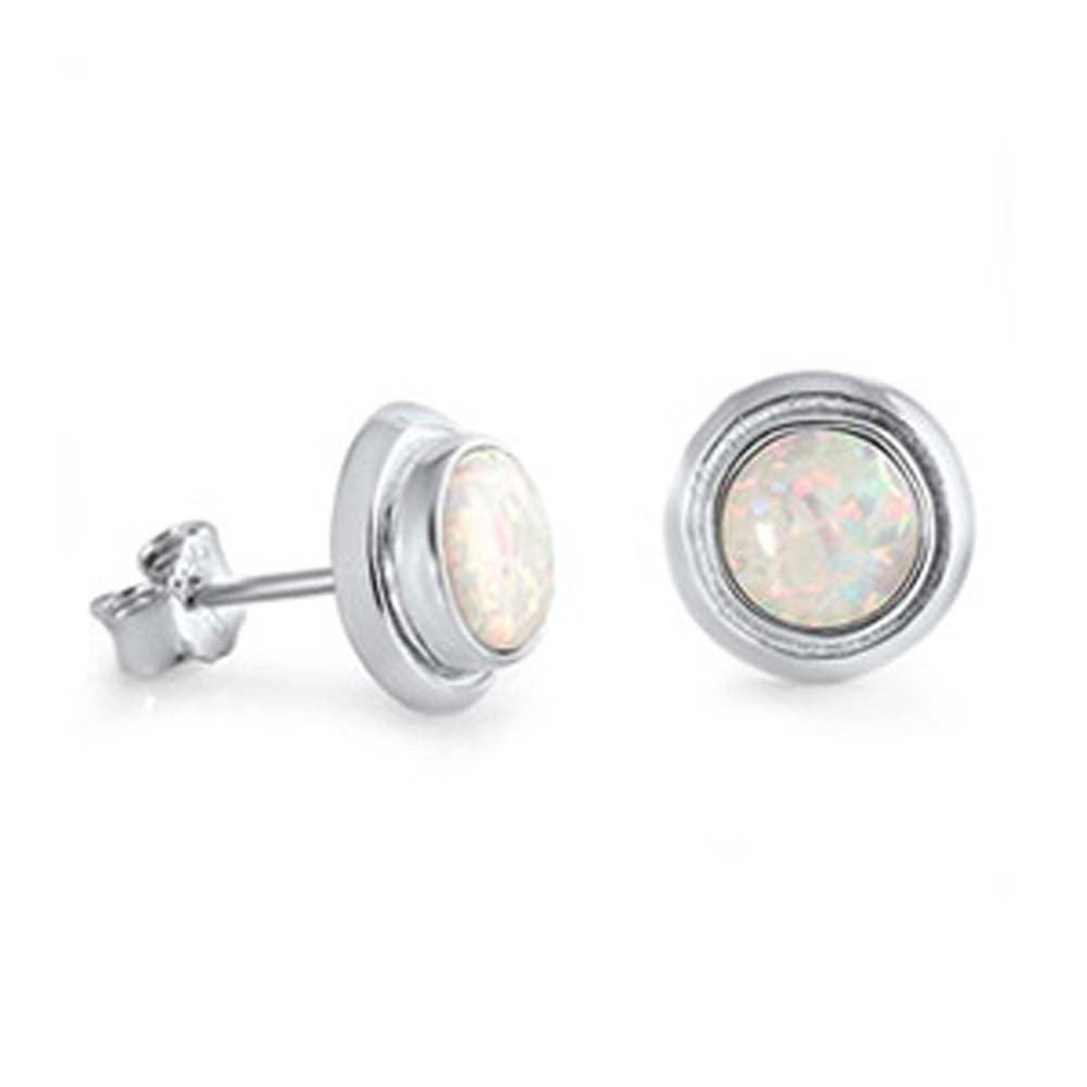 Sterling Silver Plain Flat Round with White Lab Opal Stud EarringAnd Face Height of 9MM