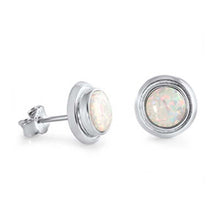 Load image into Gallery viewer, Sterling Silver Plain Flat Round with White Lab Opal Stud EarringAnd Face Height of 9MM