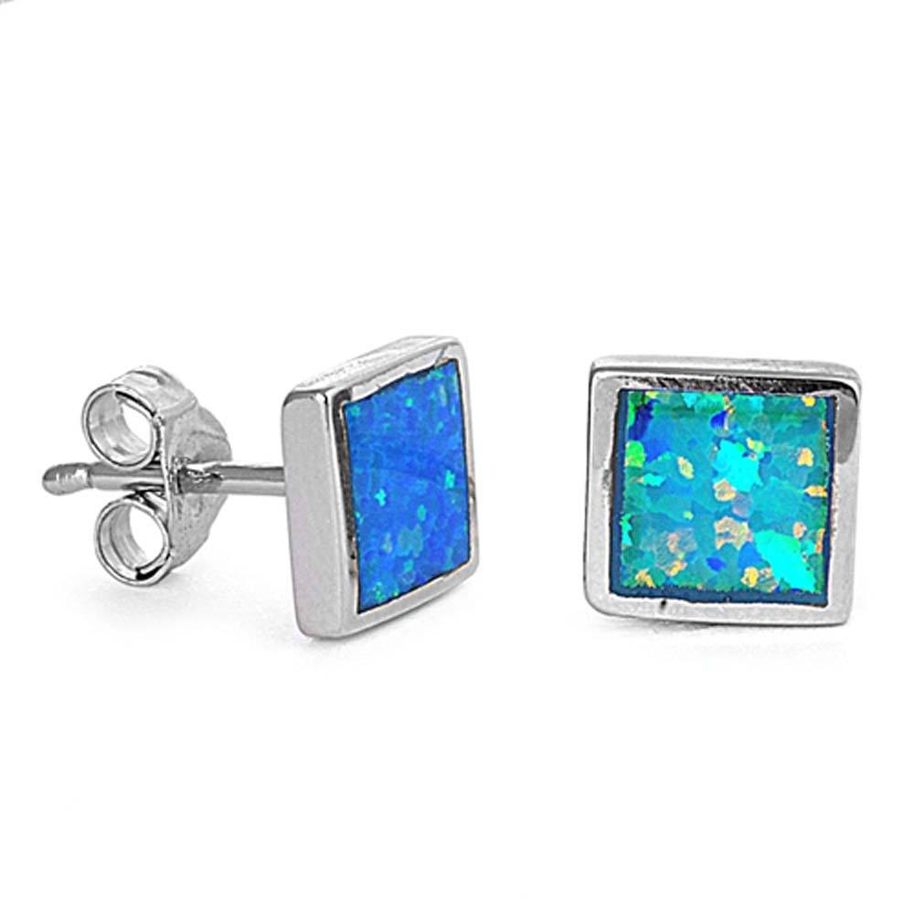 Sterling Silver Square Shape With Blue Lab Opal EarringsAnd Face Height 8mm