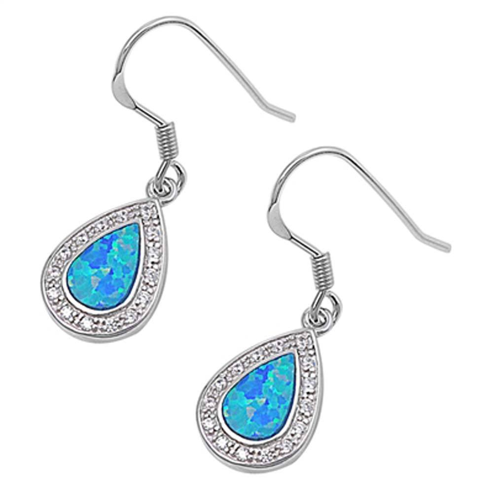 Sterling Silver Classy Blue Lab Opal Pearshape with Halo Clear Czs Earwire StyleAnd Face Heigth of 17MM