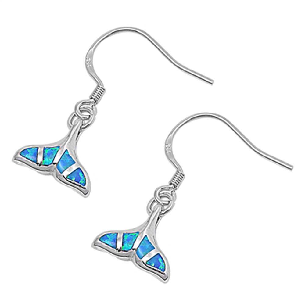 Sterling Silver Stylish Whale Tail Inlaid with Blue Lab Opal Earwire StyleAnd Face Height of 10MM