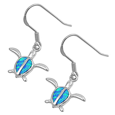 Sterling Silver Fancy Turtle with Blue Lab Opal Inlaid Earwire StyleAnd Face Height of 16MM