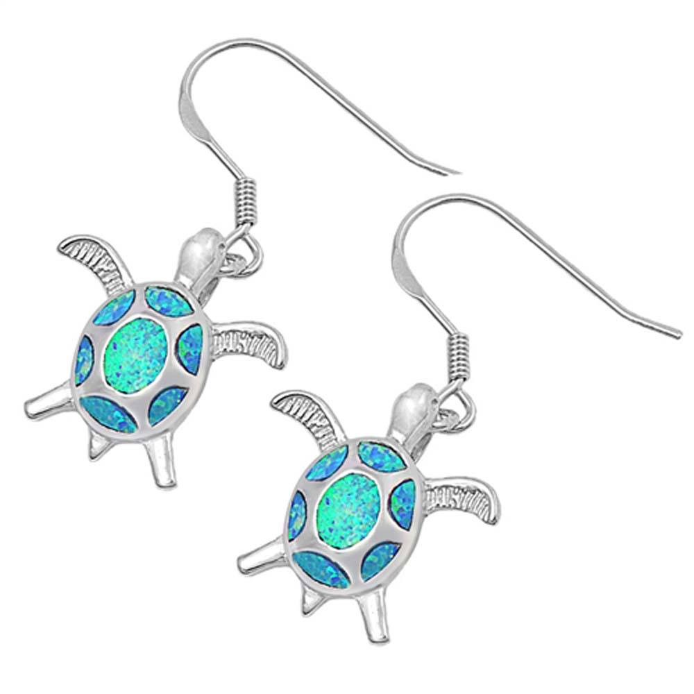 Sterling Silver Turtle With Blue Lab Opal Earrings With Blue Topaz CZAnd Face Height 17mm