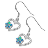 Sterling Silver Fancy Open Cut Heart with Blue Lab Opal Plumeria Earwire StyleAnd Face Height of 17MM