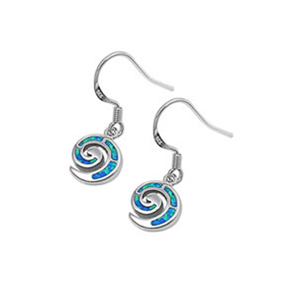 Sterling Silver Stylish Swirl Design Inlaid with Blue Lab Opal Earwire StyleAnd Face Height of 11MM