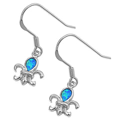 Sterling Silver Stylish Fleur De Lis Inlaid with Blue Lab Opal Earwire StyleAnd Face Height of 11MM