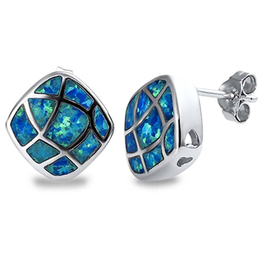 Sterling Silver Fancy Diamond Shaped with Blue Lab Opal Mosaic Inlaid Stud EarringAnd Face Height of 13MM