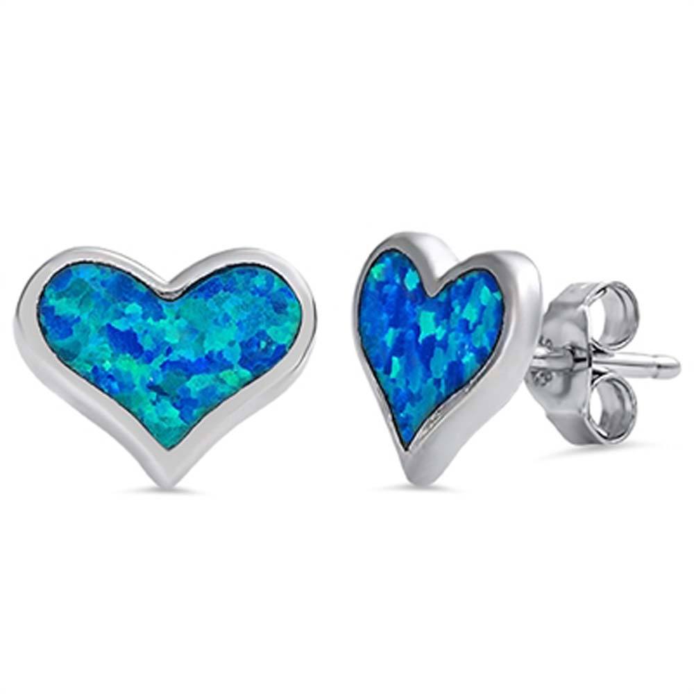 Sterling Silver Trendy Heart Blue Lab Opal Stud Earring with Face Height of 10MM