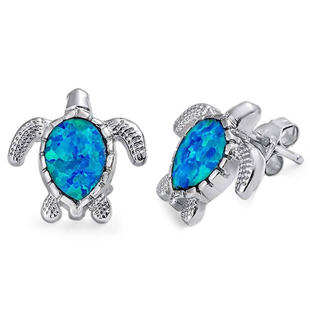 Sterling Silver Turtle Shape With Blue Lab Opal EarringsAnd Face Height 14mm