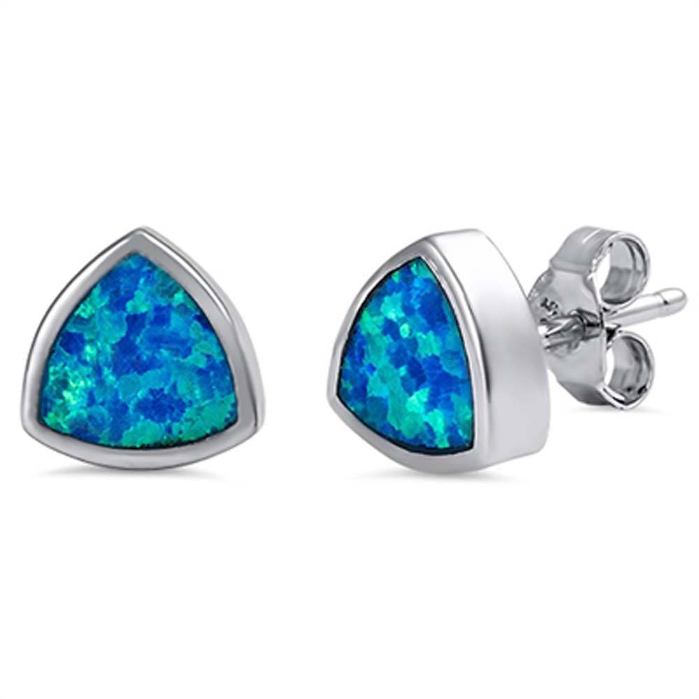 Sterling Silver Trillion Shape With Blue Lab Opal EarringsAnd Face Height 8mm