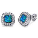 Sterling Silver Elegant Flower Cut Blue Lab Opal with Halo Clear Czs Stud EarringAnd Face Height of 11MM