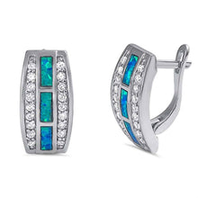 Load image into Gallery viewer, Sterling Silver Elegant Earring Huggie Hoop Style with Blue Lab Opal Inlaid and Clear Czs EdgeAnd Face Height of 17MM