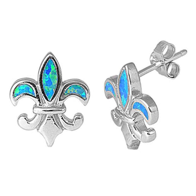 Sterling Silver Modish Fleur De Lis Inlaid with Blue Lab Opal Stud EarringAnd Face Height of 16MM