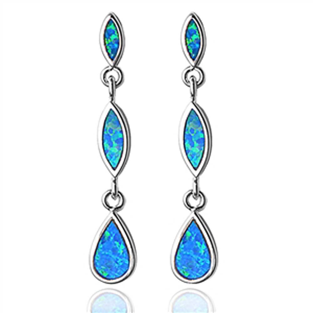 Sterling Silver Fancy Dangle Stud Earring Blue Lab Opal Marquise and Pearshape with Face Height of 36MM