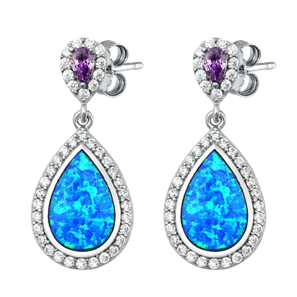 Sterling Silver Blue Lab Opal Pear Shaped Earrings With Tanzanite And Clear Cz