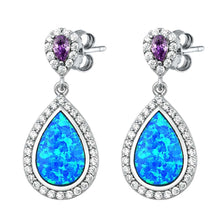 Load image into Gallery viewer, Sterling Silver Blue Lab Opal Pear Shaped Earrings With Tanzanite And Clear Cz