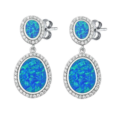 Sterling Silver Elegant Design Blue Lab Opal Oval Cut with Halo Clear Czs Dangle Stud EarringAnd Face Height of 36MM
