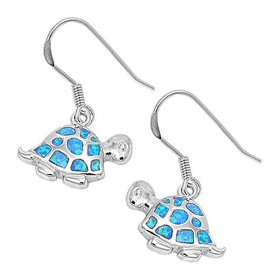 Sterling Silver Fancy Sideway Turtle with Mosaic Blue Lab Opal Inlaid Earwire StyleAnd Face Height of 15MM