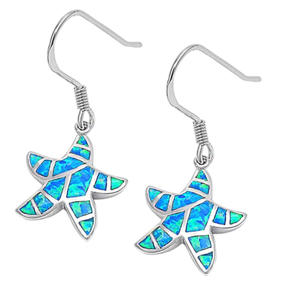 Sterling Silver Trendy Starfish with Mosaic Blue Lab Opal Inlaid Earwire StyleAnd Face Height of 18MM