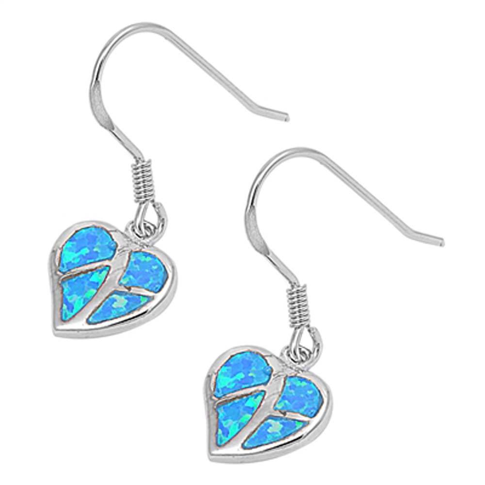 Sterling Silver Trendy Heart with Mosaic Blue Lab Opal Inlaid Earwire StyleAnd Face Height of 14MM