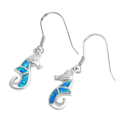 Sterling Silver Stylish Seahorse Inlaid with Blue Lab Opal Earwire StyleAnd Face Height of 21MM