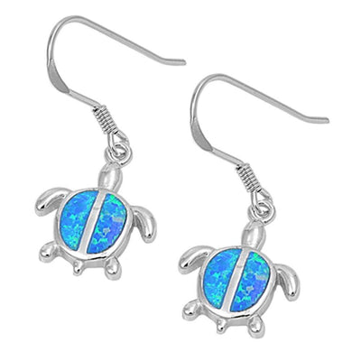 Sterling Silver Modish Turtle with Blue Lab Opal Inlaid Earwire StyleAnd Face Height of 17MM