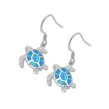 Load image into Gallery viewer, Sterling Silver Fancy Sideway Turtle Inlaid with Blue Lab Opal Earwire StyleAnd Face Heigth of 17MM