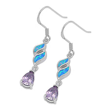 Load image into Gallery viewer, Sterling Silver Blue Lab Opal Pear Shaped Earrings With Tanzanite CZ