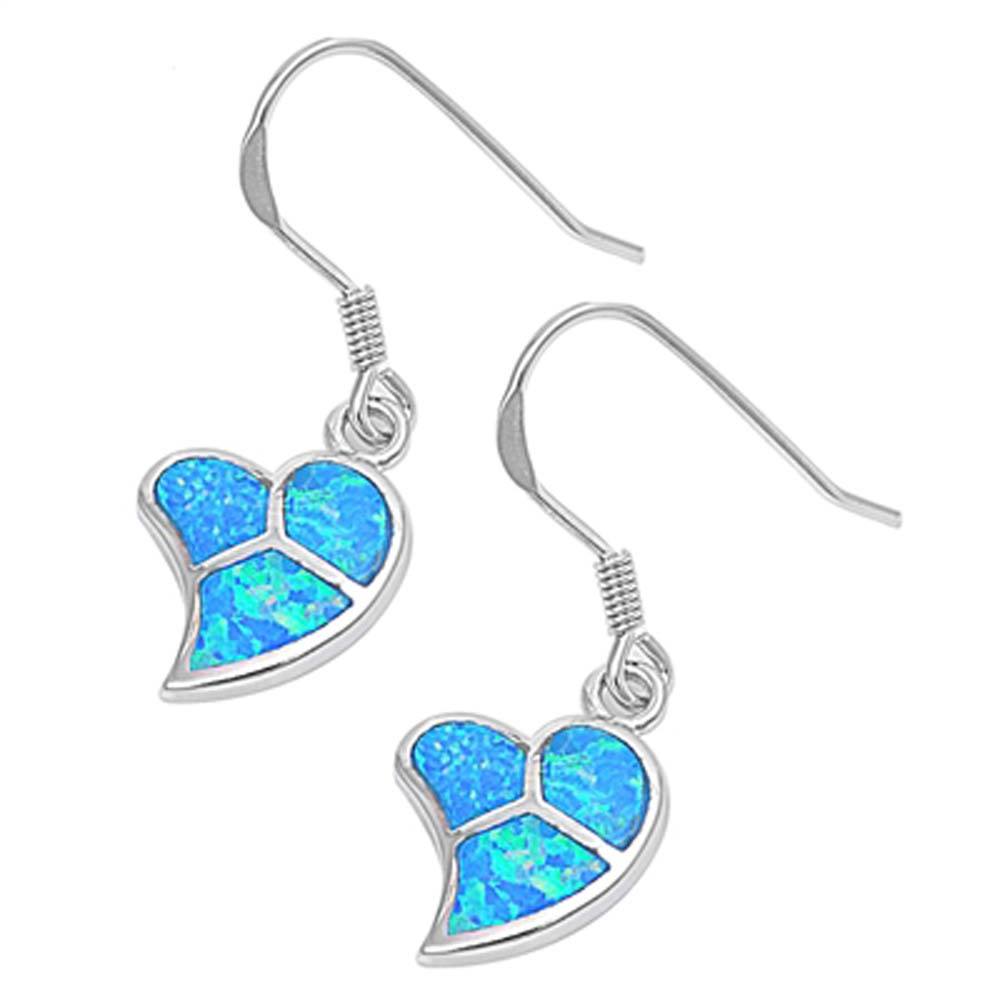 Sterling Silver Trendy Heart Inlaid with Blue Lab Opal Earwire StyleAnd Face Height of 14MM