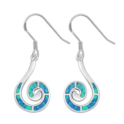 Sterling Silver Fancy Swirl Design with Blue Lab Opal Inlaid Earwire StyleAnd Face Height of 22MM