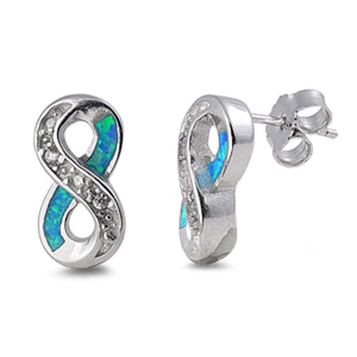 Sterling Silver Fancy Infinity Inlaid with Blue Lab Opal and Clear Cz Accent Stud EarringAnd Friction Back PostAnd Earring Height of 15MM