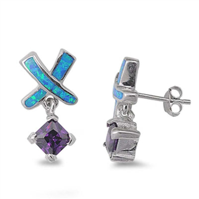 Sterling Silver Fancy Blue Lab Opal X Shaped with Dangle Princess Cut Amethyst Cz Stud EarringAnd Friction Back PostAnd Earring Height of 20MM