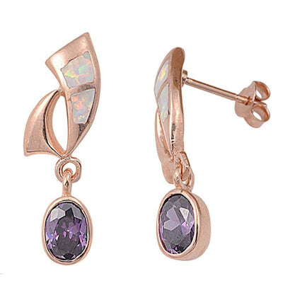 Sterling Silver Rose Gold Plated Fancy Shape with White Lab Opal Inlaid and Dangle Oval Cut Amethyst Cz Stud EarringAnd Friction Back PostAnd Earring Height of 27MM