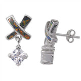 Sterling Silver Fancy Black Lab Opal X Shaped with Dangle Princess Cut Clear Cz Stud EarringAnd Friction Back PostAnd Earring Height of 20MM