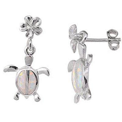 Sterling Silver Fancy Plumeria with Dangle White Lab Opal Turtle Stud EarringAnd Friction Back PostAnd Earring Height of 18MM