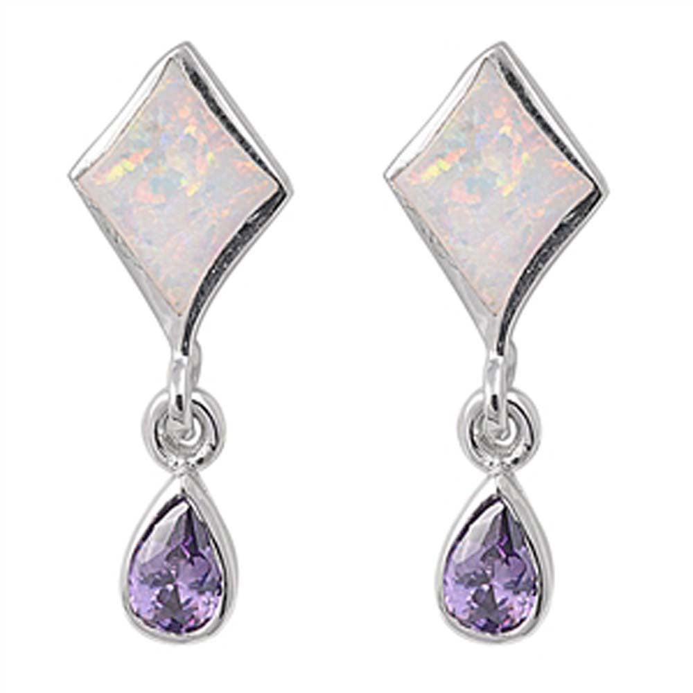 Sterling Silver Diamond Shape With White Lab Opal Earrings With Pear Amethyst CZAnd Face Height 24mm