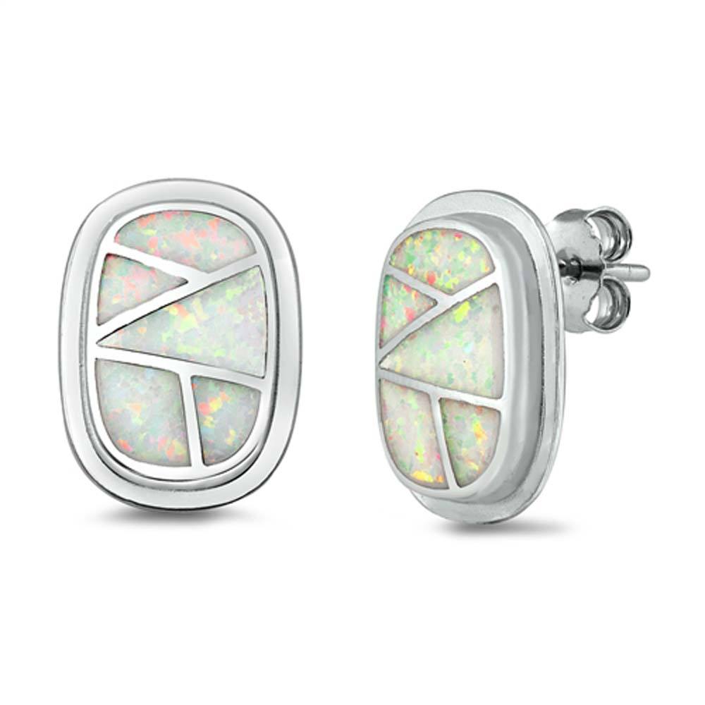 Sterling Silver Fancy White Lab Opal Oval Shaped Stud Earring with Friction Back PostAnd Earring Height of 18MM