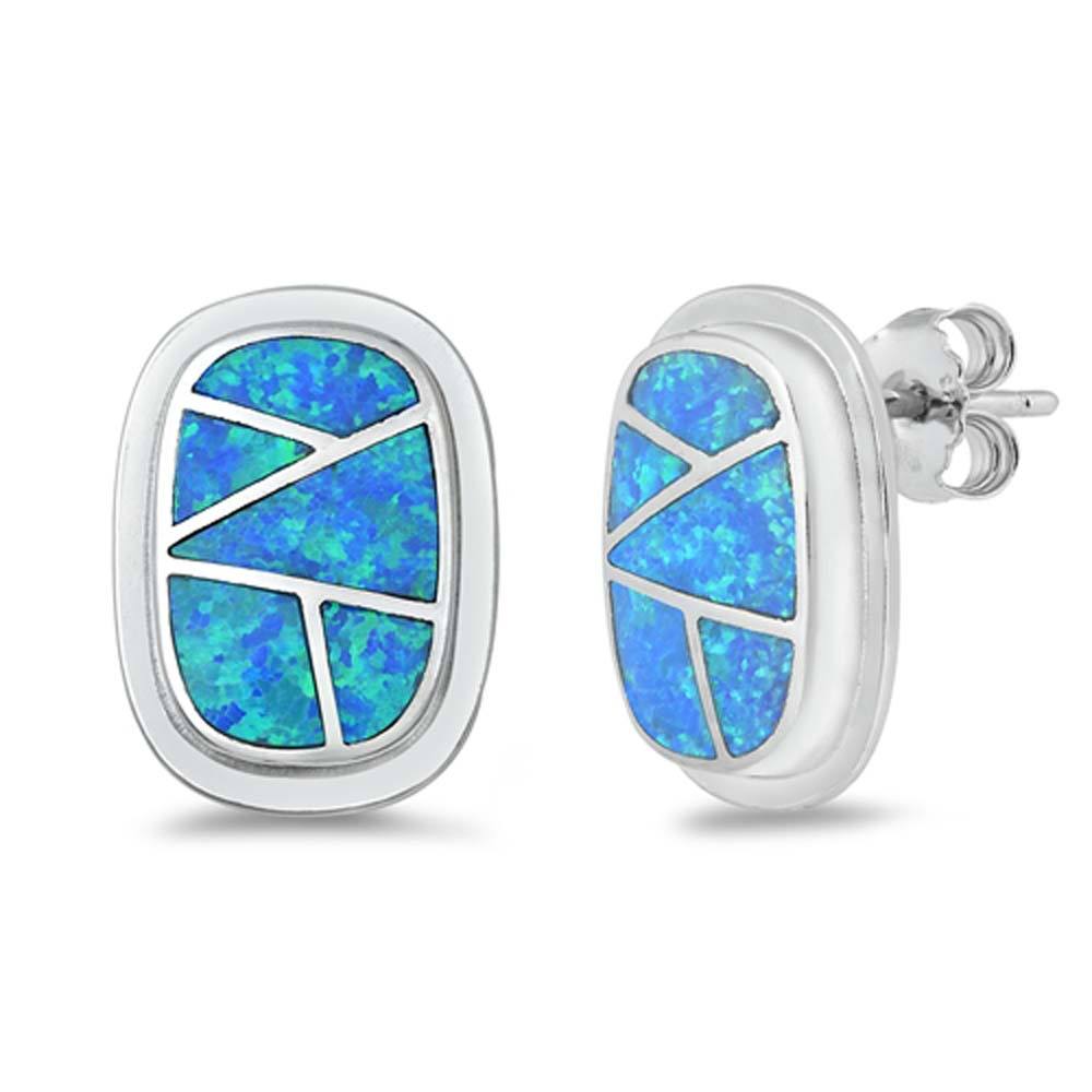 Sterling Silver Fancy Blue Lab Opal Oval Shaped Stud Earring with Friction Back PostAnd Earring Height of 18MM