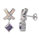 Sterling Silver Fancy White Lab Opal X Shaped with Dangle Princess Cut Amethyst Cz Stud EarringAnd Friction Back PostAnd Earring Height of 20MM