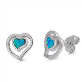 Sterling Silver Trendy Open Heart with Centered Blue Lab Opal Heart Stud EarringAnd Friction Back PostAnd Earring Height of 11MM