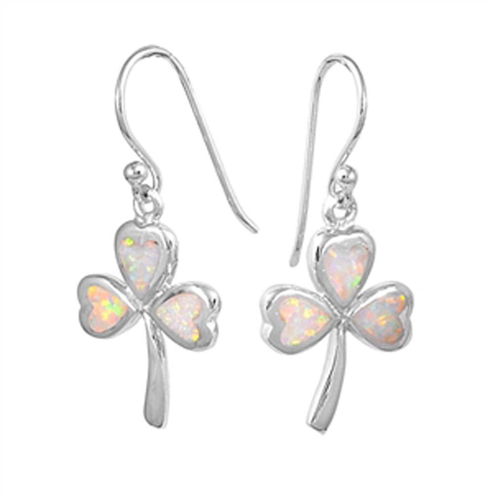 Sterling Silver Clover Leaf Shape With White Lab Opal EarringsAnd Earring Height 22mm