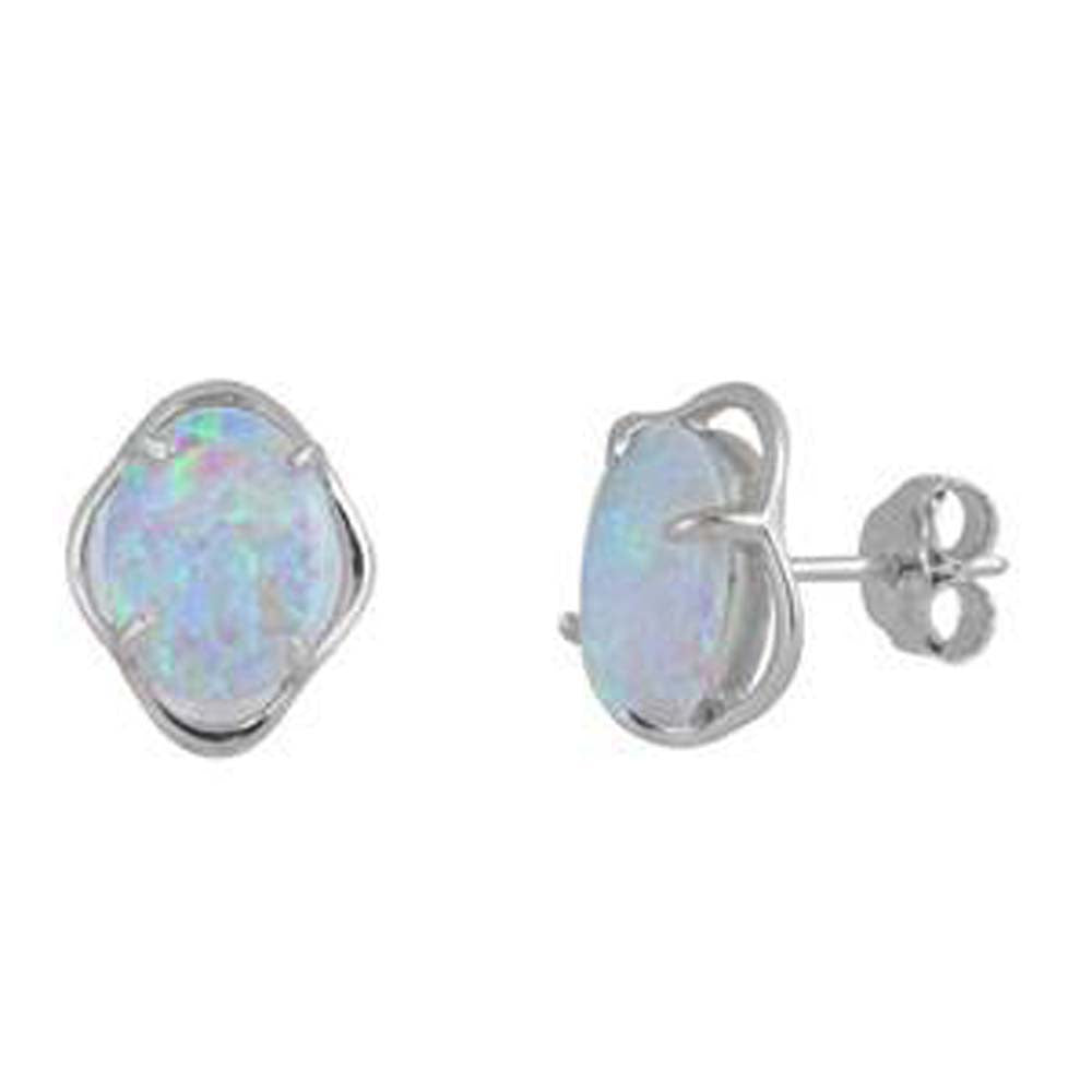 Sterling Silver Oval Shape With White Lab Opal EarringsAnd Earring Height 12mm